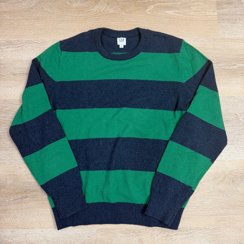 Gap Mens Large Striped Crewneck Sweater Navy Blue Green Horizontal Stripe Knit
